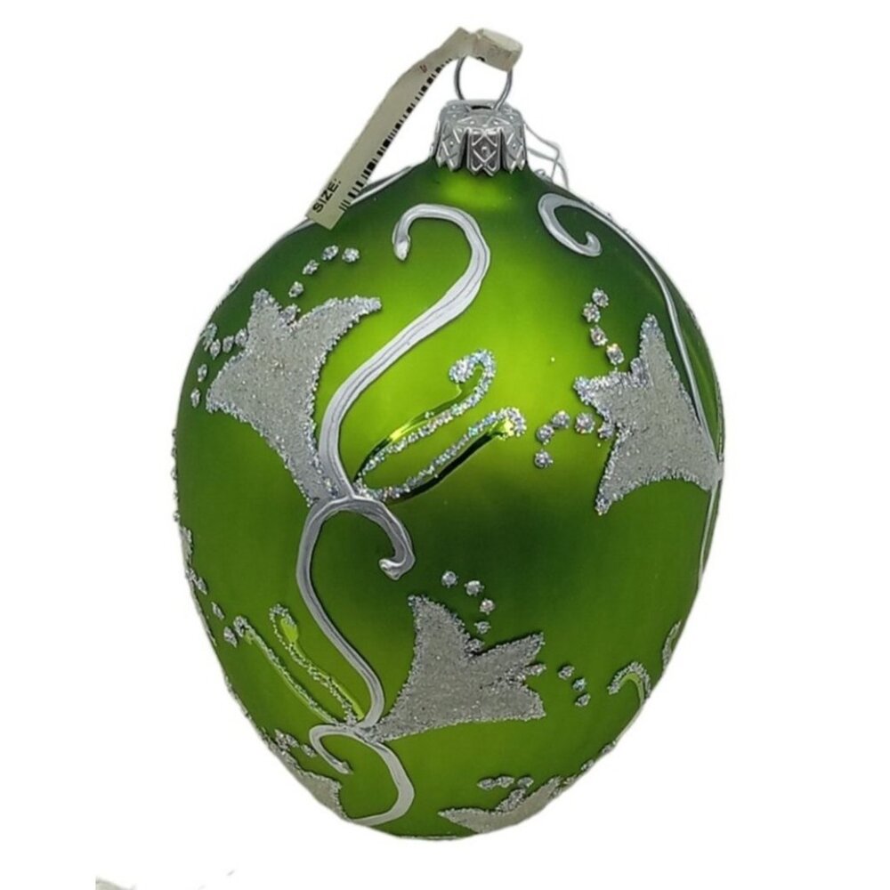 Nordstrom Christmas Ornament Green Glass With Silver Glitter Design & Box